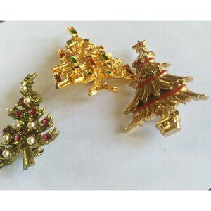 Christmas Tree Brooches (lot of three) Rhinestone, Faux Pearl & Enamel